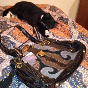 Sharif Black, Tan and Pewter Patchwork Leather Handbag with Brass Hardware